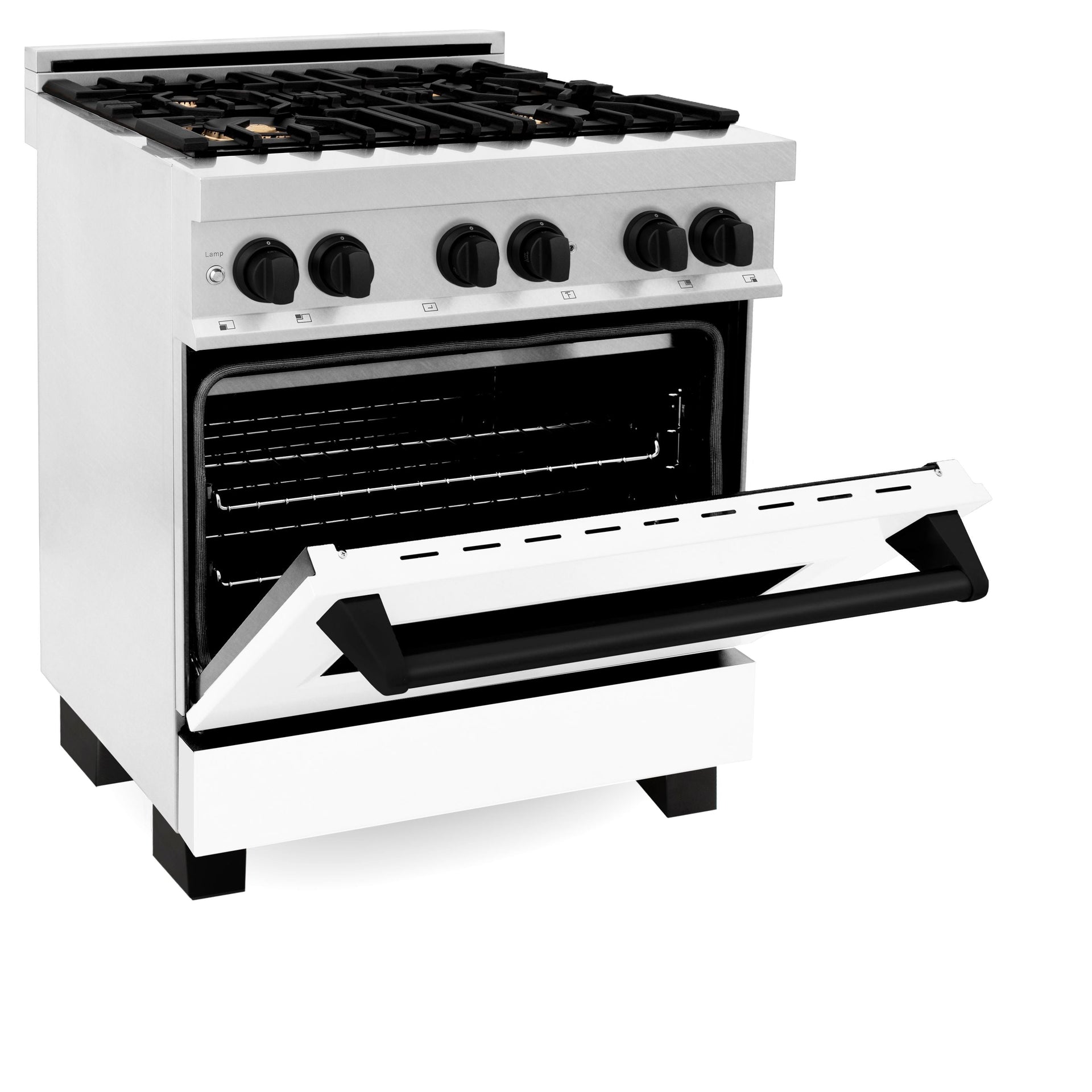 zline-autograph-edition-30-in-4-0-cu-ft-legacy-dual-fuel-range-with-4-burner-gas-cooktop-and-electric-convection-oven-in-satin-stainless-steel-with-white-matte-door-and-matte-black-accents-rasz-wm-30-mb