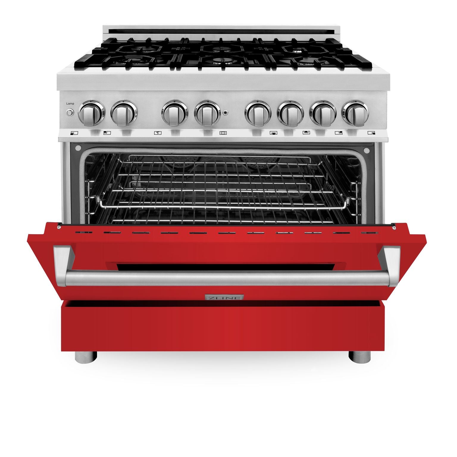 zline-36-in-dual-fuel-range-with-6-burner-gas-cooktop-and-electric-convection-oven-in-stainless-steel-with-red-matte-door-ra-rm-36