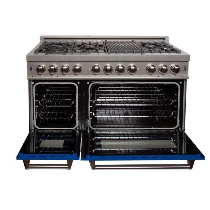 zline-48-in-6-0-cu-ft-legacy-dual-fuel-range-with-7-burner-gas-cooktop-and-double-electric-ovens-in-satin-stainless-steel-with-blue-matte-doors-ras-bm-48
