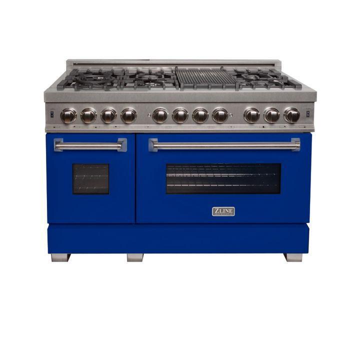 zline-48-in-6-0-cu-ft-legacy-dual-fuel-range-with-7-burner-gas-cooktop-and-double-electric-ovens-in-satin-stainless-steel-with-blue-matte-doors-ras-bm-48
