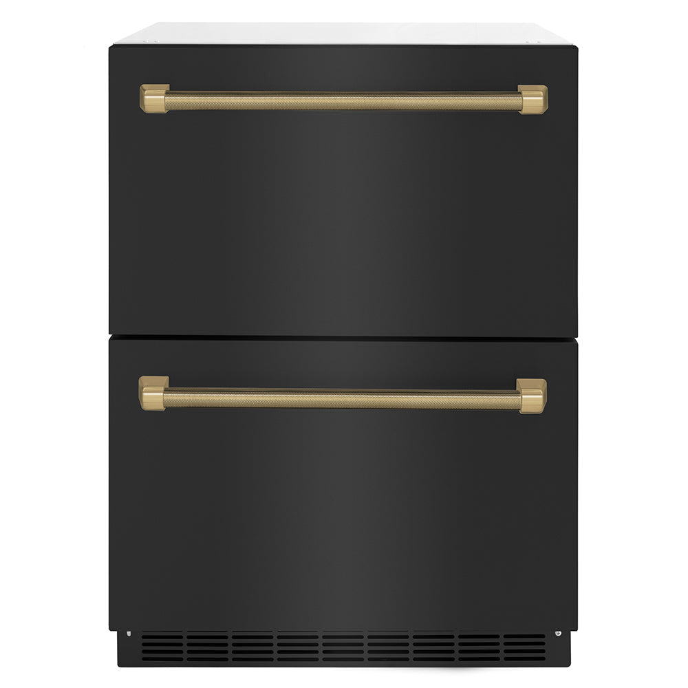 zline-24-in-refrigerator-drawer-4-6-cu-ft-outdoor-rated-dual-drawer-black-stainless-steel-champagne-bronze-handles-rdsoz-bs-24-kcb