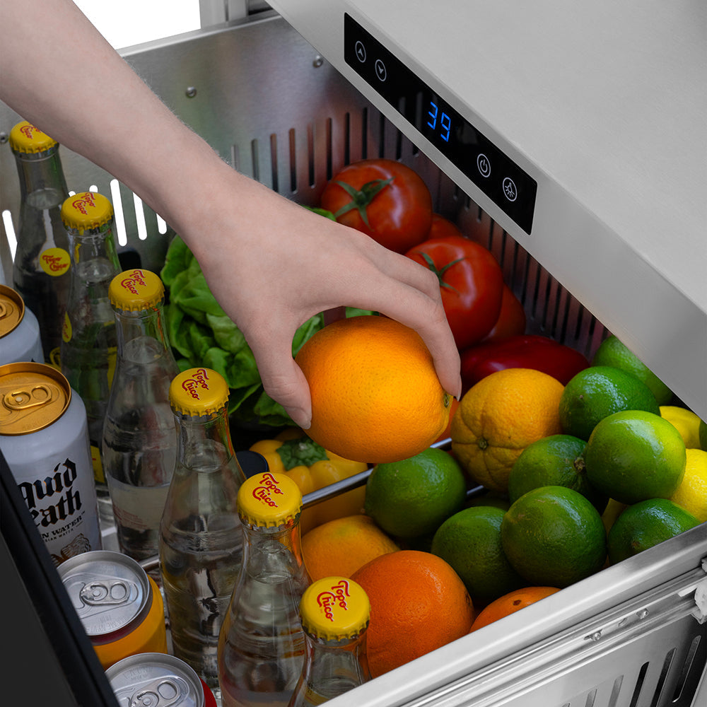 zline-24-in-dual-refrigerator-drawer-168-can-capacity-outdoor-rated-black-stainless-steel-doors-polished-gold-helix-handles-rdsoz-bs-24-kg