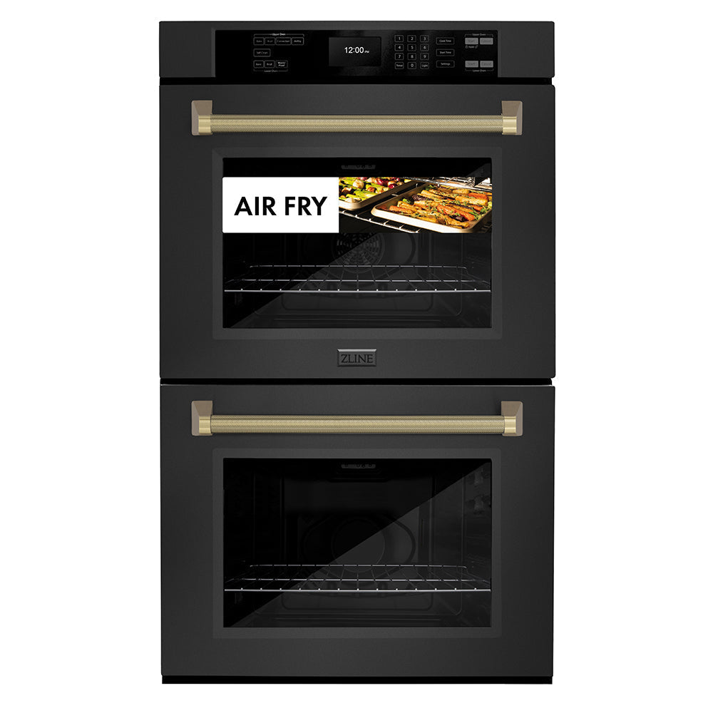zline-autograph-30-professional-true-convection-double-wall-oven-with-air-fry-and-self-clean-in-black-stainless-steel-with-champagne-bronze-helix-handles-wadbz-30-kcb