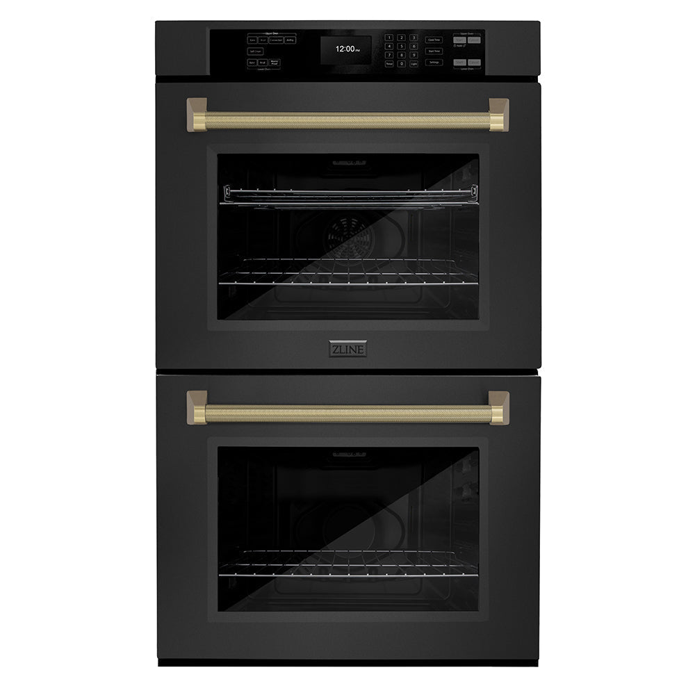 zline-autograph-30-professional-true-convection-double-wall-oven-with-air-fry-and-self-clean-in-black-stainless-steel-with-champagne-bronze-helix-handles-wadbz-30-kcb