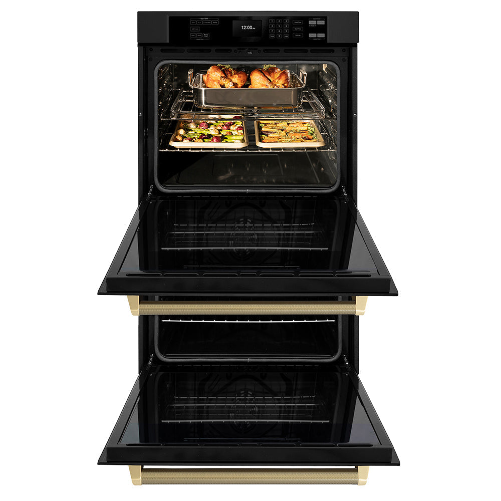 zline-autograph-30-professional-true-convection-double-wall-oven-with-air-fry-and-self-clean-in-black-stainless-steel-with-champagne-bronze-helix-handles-wadbz-30-kcb