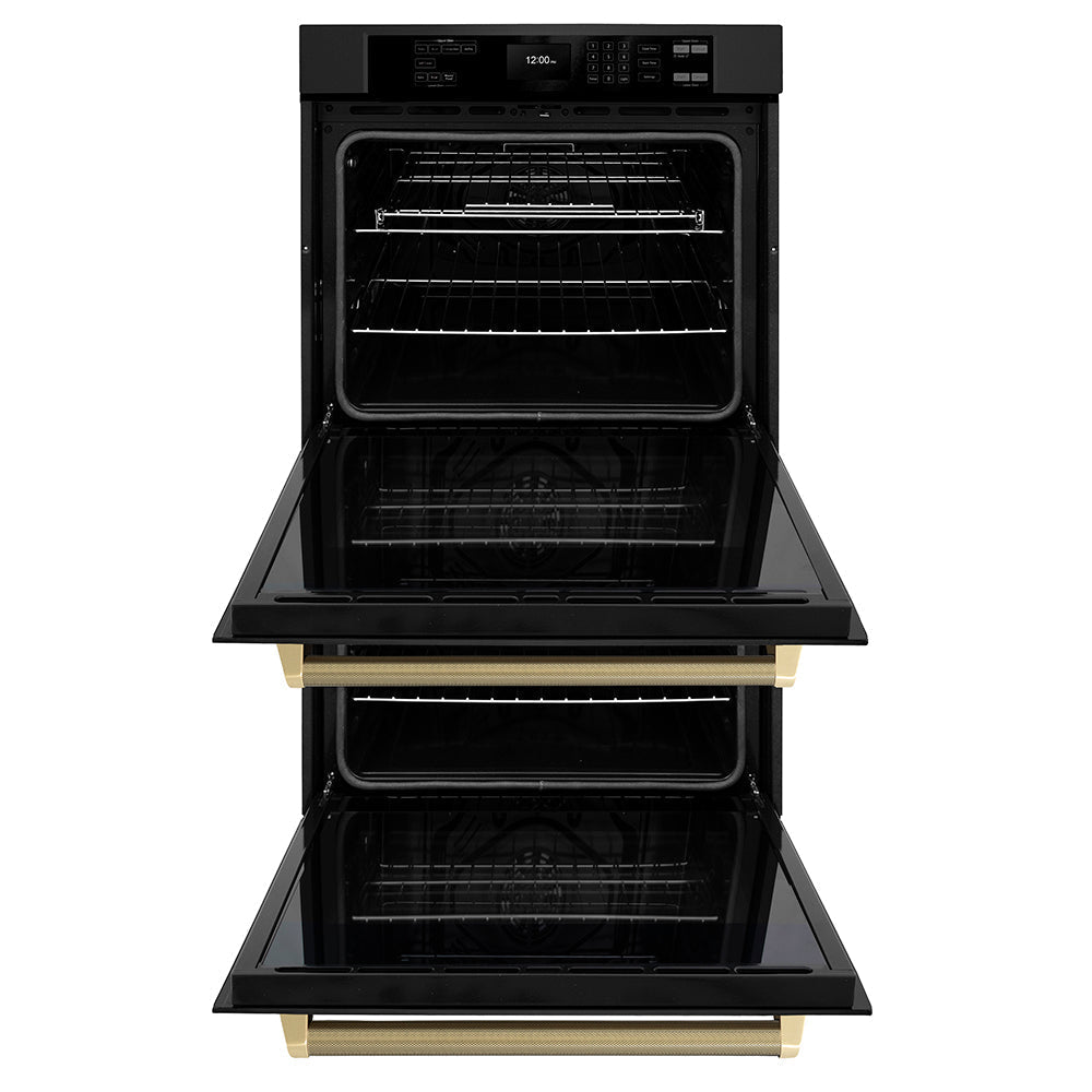 zline-autograph-30-professional-true-convection-double-wall-oven-with-air-fry-and-self-clean-in-black-stainless-steel-with-champagne-bronze-helix-handles-wadbz-30-kcb