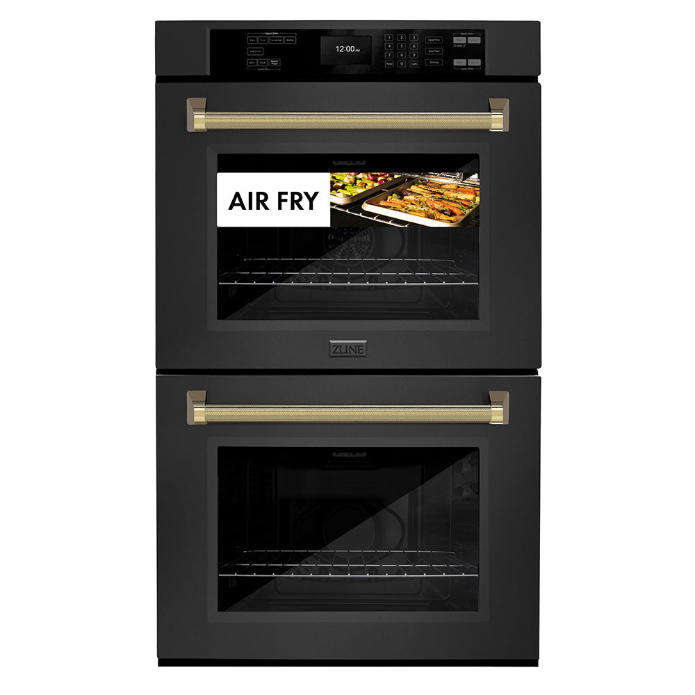 zline-autograph-30-professional-true-convection-double-wall-oven-with-air-fry-and-self-clean-in-black-stainless-steel-with-polished-gold-helix-handles-wadbz-30-kg