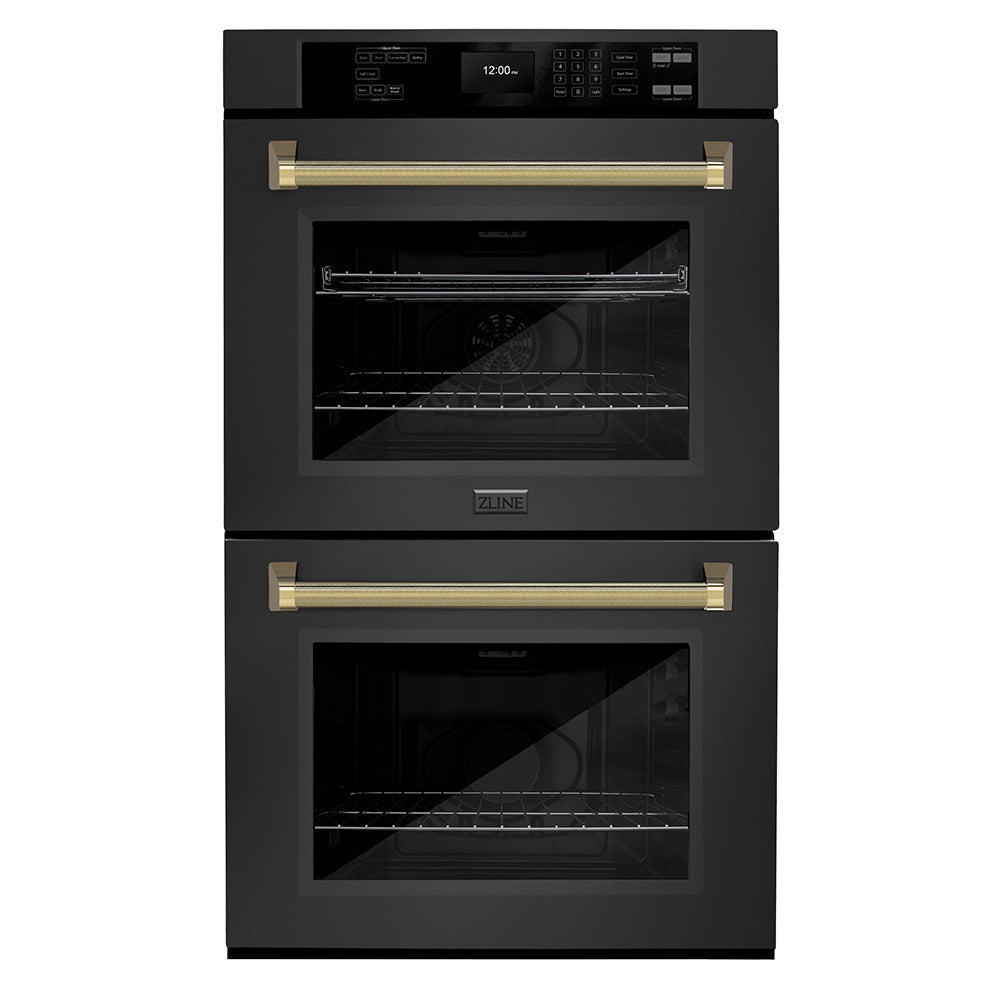 zline-autograph-30-professional-true-convection-double-wall-oven-with-air-fry-and-self-clean-in-black-stainless-steel-with-polished-gold-helix-handles-wadbz-30-kg