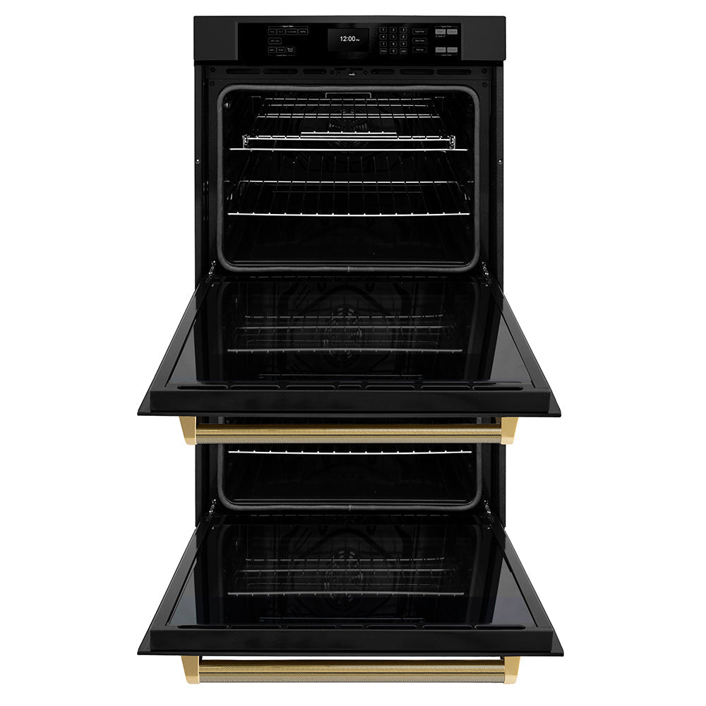 zline-autograph-30-professional-true-convection-double-wall-oven-with-air-fry-and-self-clean-in-black-stainless-steel-with-polished-gold-helix-handles-wadbz-30-kg
