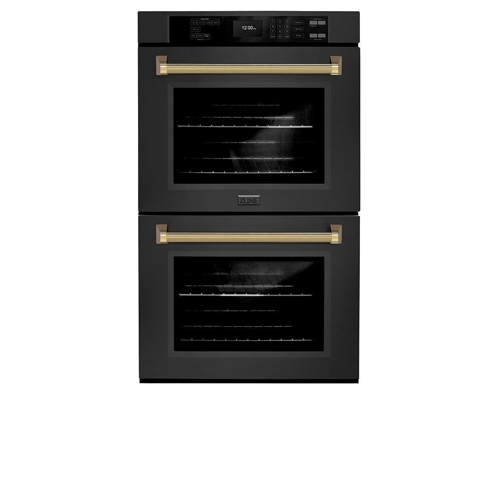 zline-autograph-30-professional-true-convection-double-wall-oven-with-air-fry-and-self-clean-in-black-stainless-steel-with-polished-gold-helix-handles-wadbz-30-kg