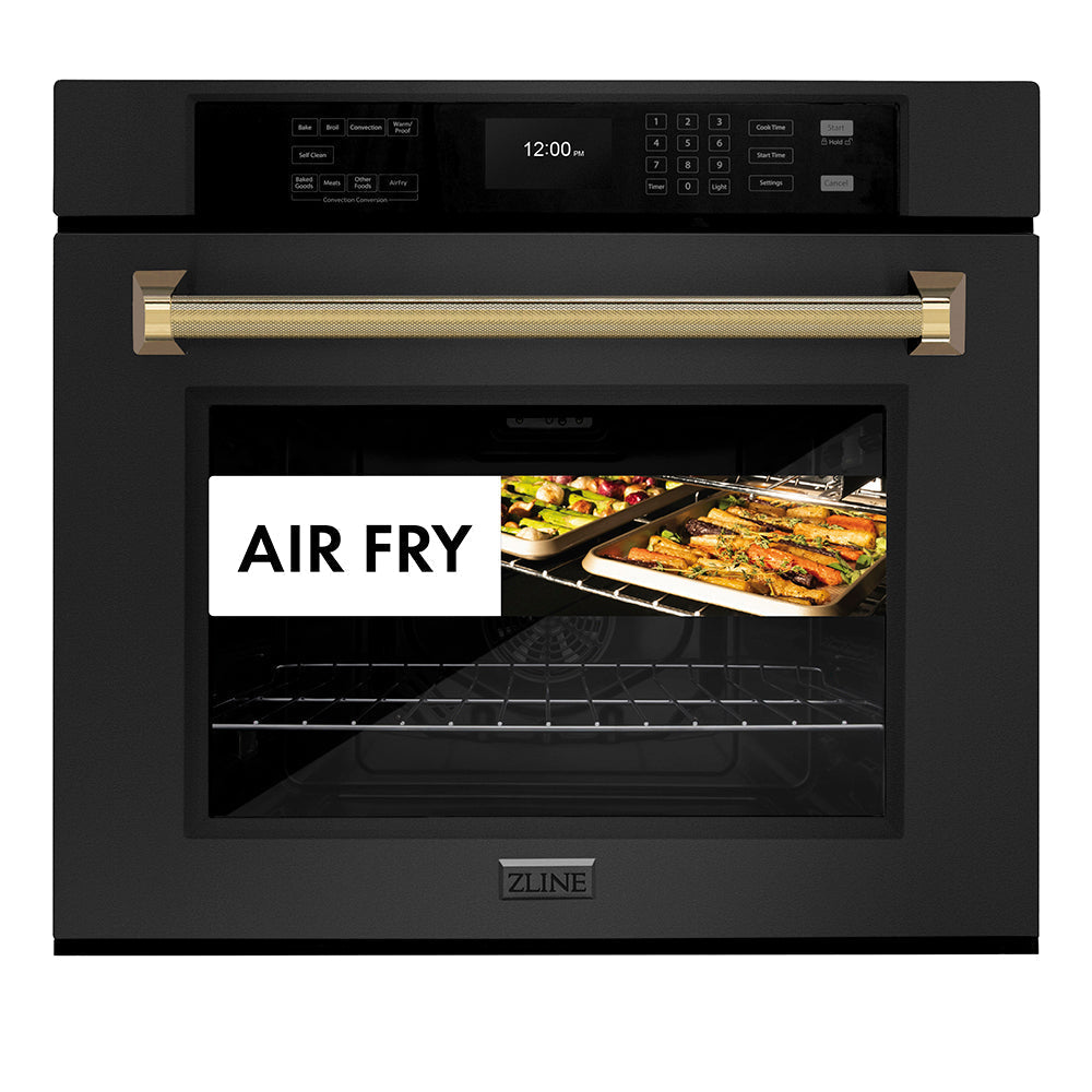 zline-autograph-30-professional-true-convection-single-wall-oven-with-air-fry-and-self-clean-in-black-stainless-steel-with-polished-gold-helix-handle-wasbz-30-kg