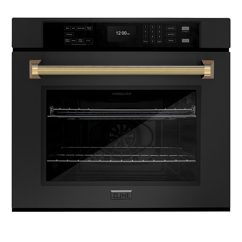 zline-autograph-30-professional-true-convection-single-wall-oven-with-air-fry-and-self-clean-in-black-stainless-steel-with-polished-gold-helix-handle-wasbz-30-kg
