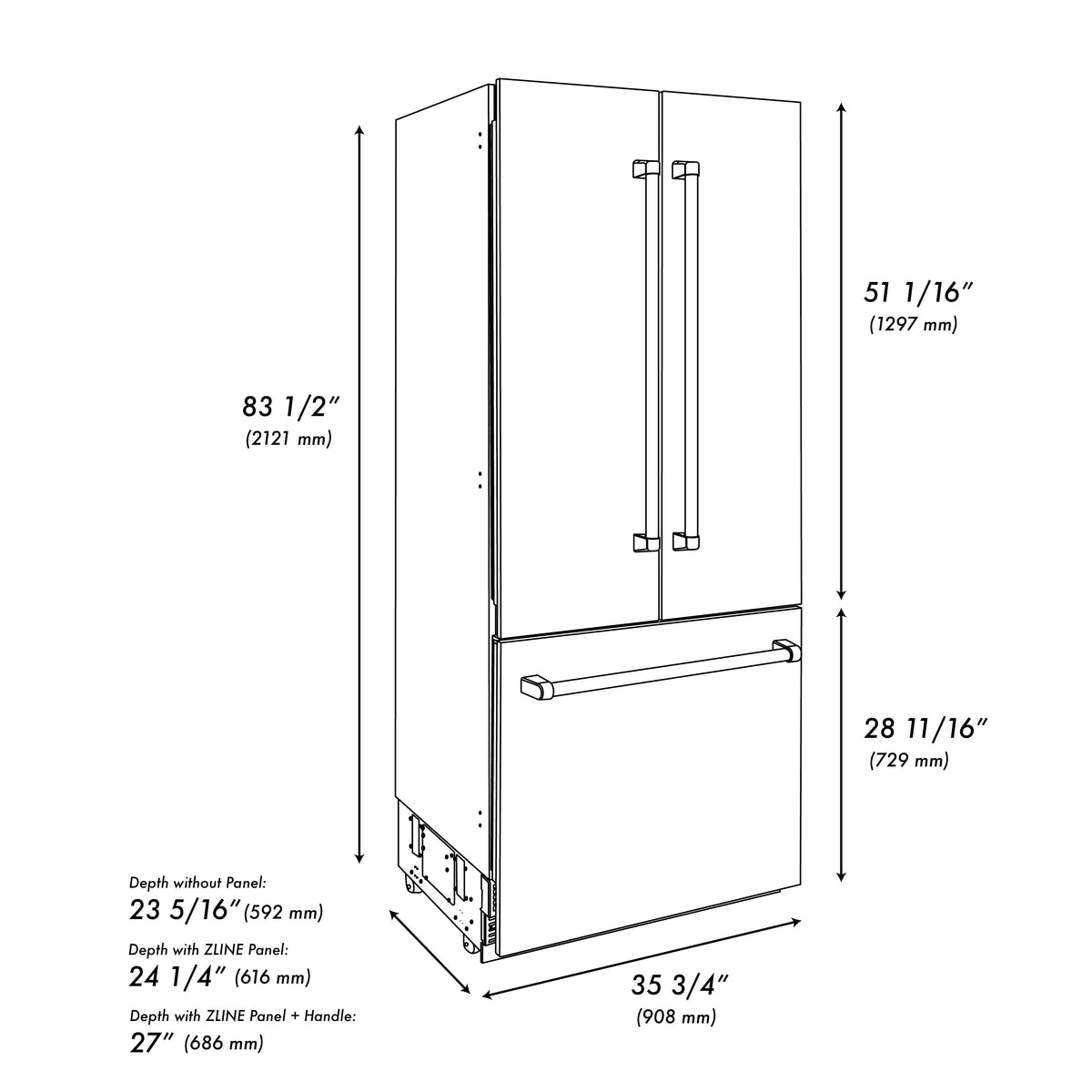 ZLINE 36-Inch Built-In Bottom Freezer Refrigerator 19.6 cu. ft. Dual Cooling, Internal Water & Ice Dispenser, MODEL RBIVZ-BS-36-CB
