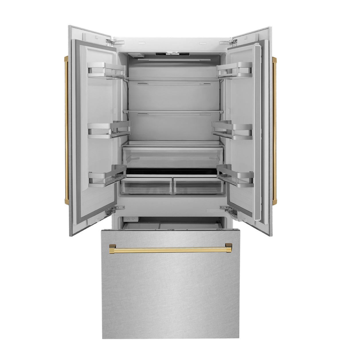 ZLINE 36 in French Door Built-In Bottom Freezer Refrigerator 19.6 cu. ft with Water Dispenser Ice Maker Satin Stainless Steel Polished Gold Accents (RBIVZ-SN-36-G)