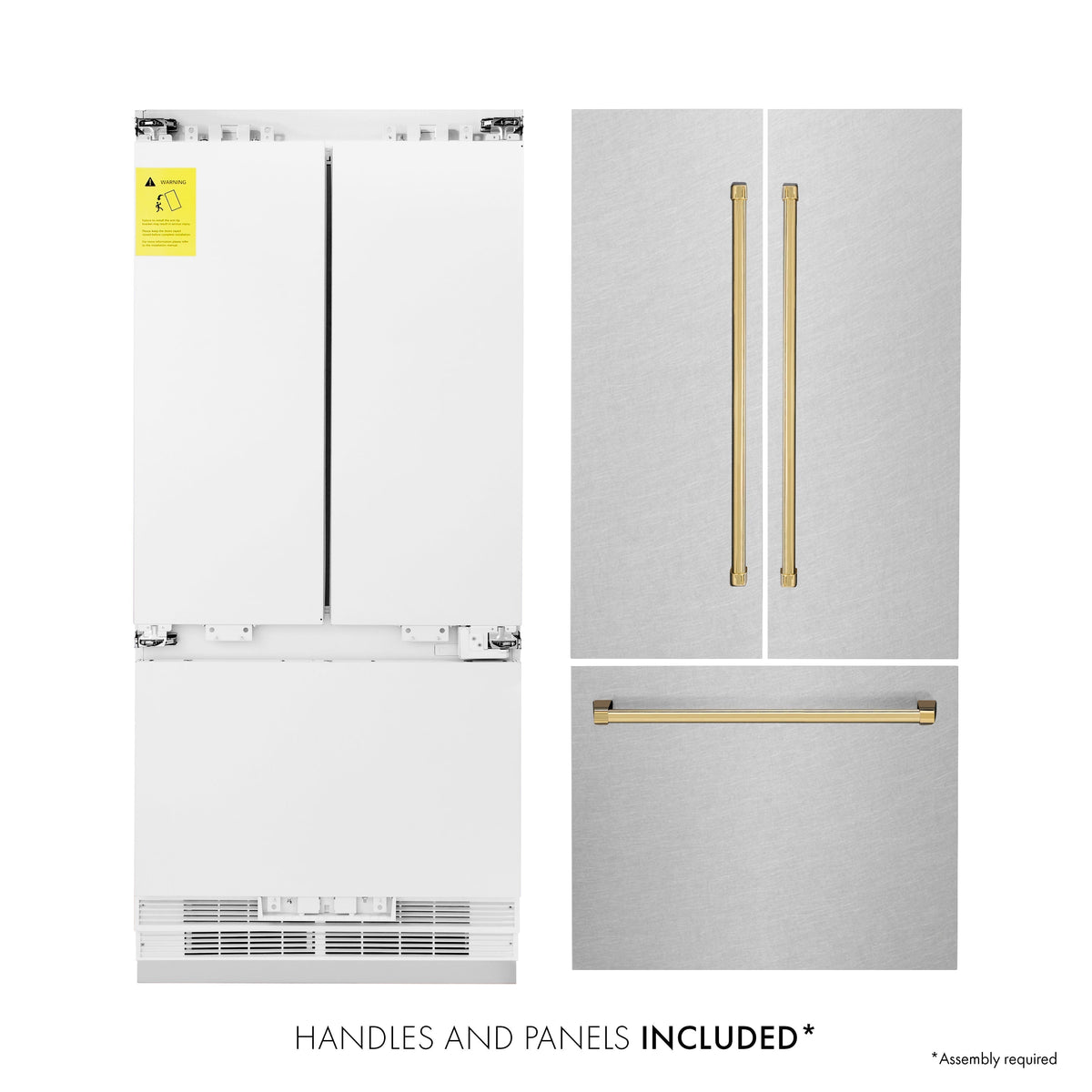 ZLINE 36 in French Door Built-In Bottom Freezer Refrigerator 19.6 cu. ft with Water Dispenser Ice Maker Satin Stainless Steel Polished Gold Accents (RBIVZ-SN-36-G)
