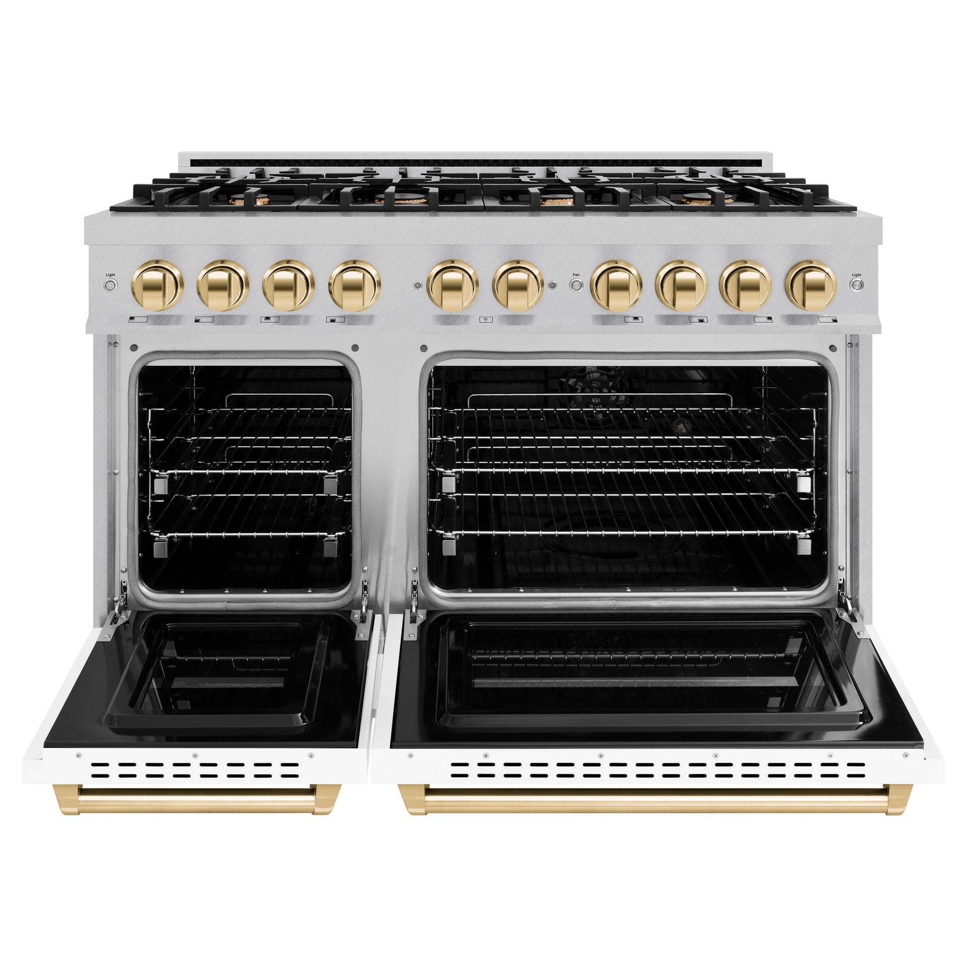 zline-autograph-edition-48-in-6-7-cu-ft-classic-double-oven-gas-range-with-8-burner-gas-cooktop-in-satin-stainless-steel-with-white-matte-doors-and-polished-gold-accents-cgrsz-wm-48-g