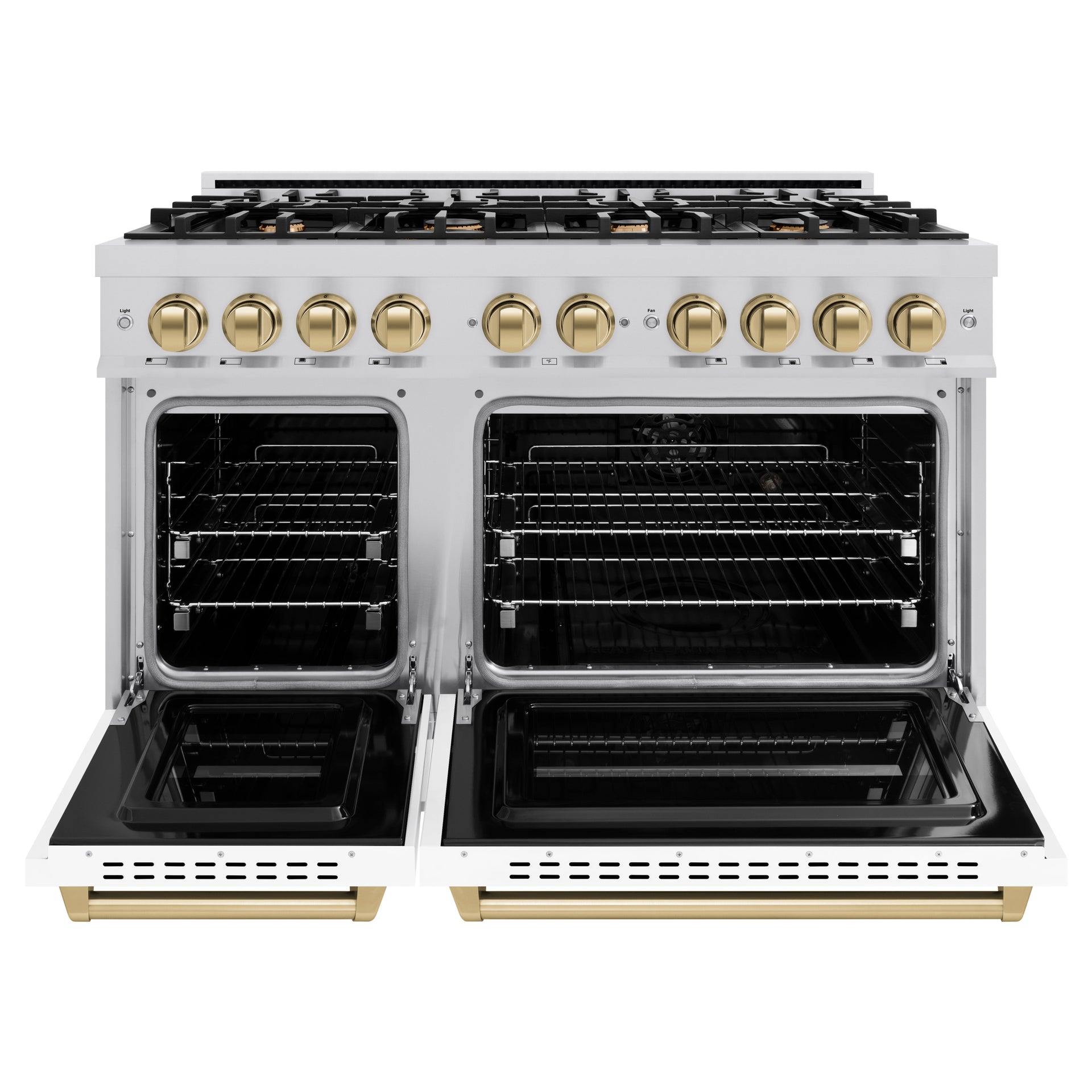 zline-48-in-classic-double-oven-gas-range-6-7-cu-ft-with-8-burners-stainless-steel-white-matte-doors-champagne-bronze-accents-cgrz-wm-48-cb
