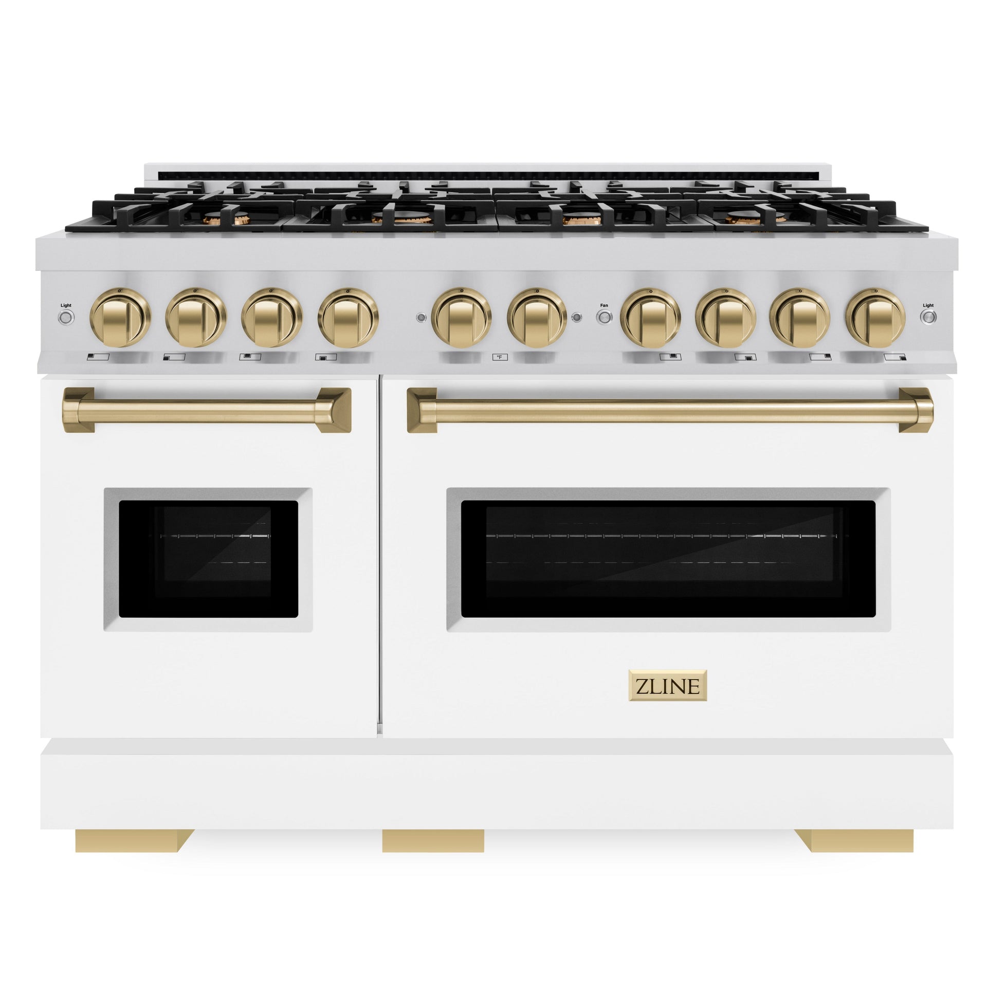 zline-48-in-classic-double-oven-gas-range-6-7-cu-ft-with-8-burners-stainless-steel-white-matte-doors-champagne-bronze-accents-cgrz-wm-48-cb