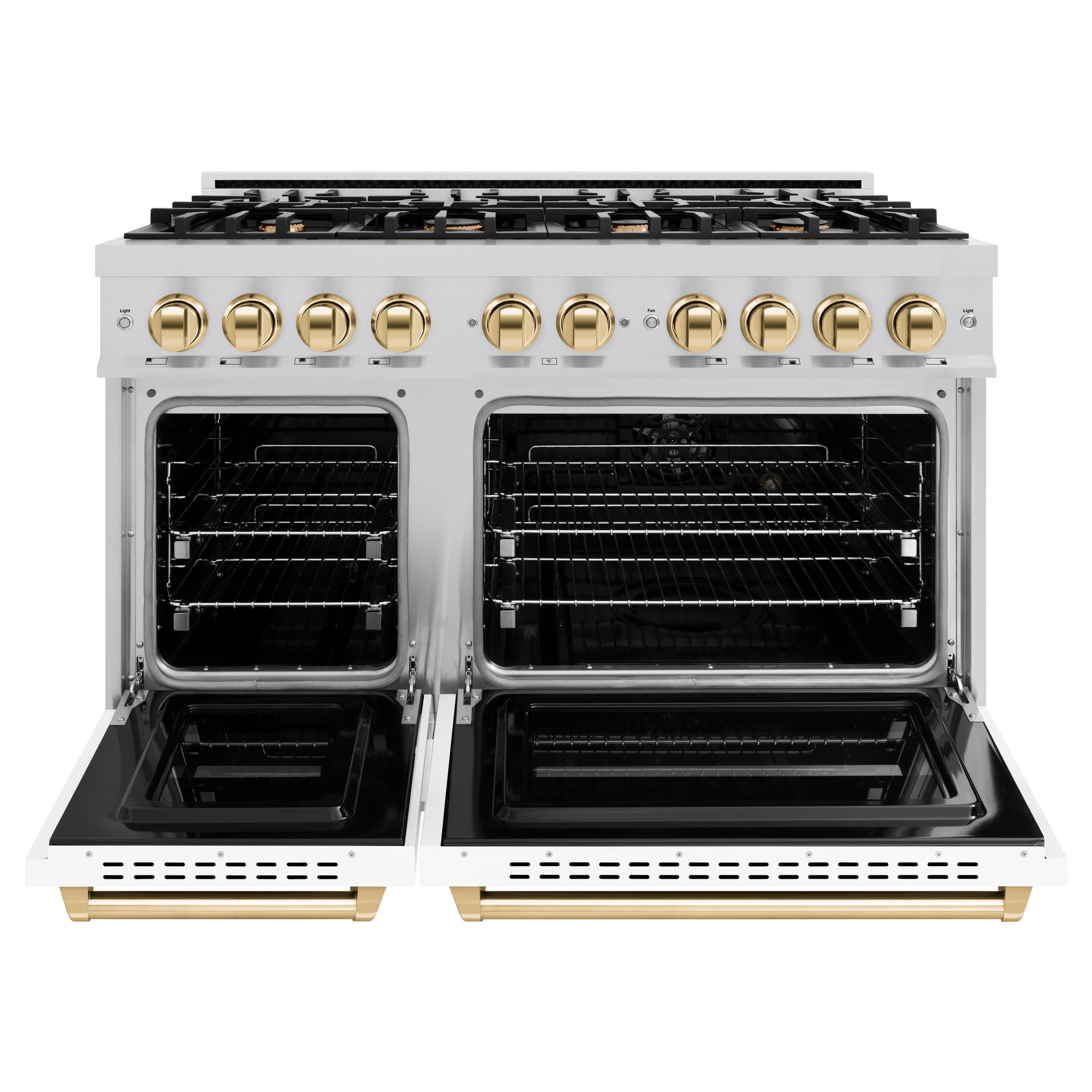 zline-48-in-classic-double-oven-gas-range-6-7-cu-ft-8-burners-stainless-steel-white-matte-doors-polished-gold-accents-cgrz-wm-48-g