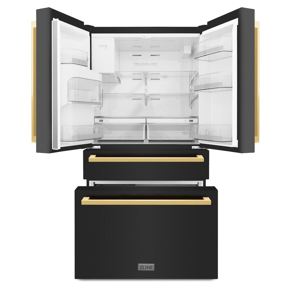 zline-36-inch-french-door-refrigerator-with-water-ice-dispenser-black-stainless-steel-gold-square-handles-rfmz-w-36-bs-fg