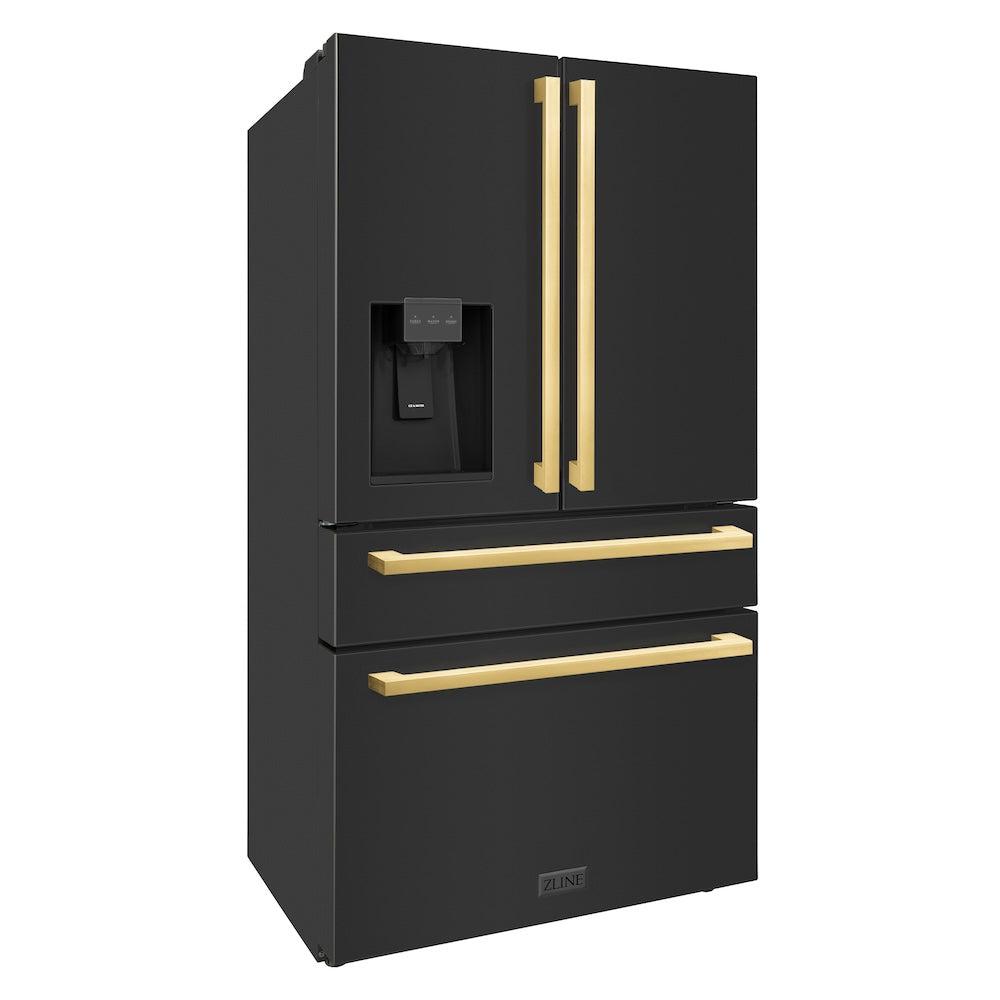 zline-36-inch-french-door-refrigerator-with-water-ice-dispenser-black-stainless-steel-gold-square-handles-rfmz-w-36-bs-fg