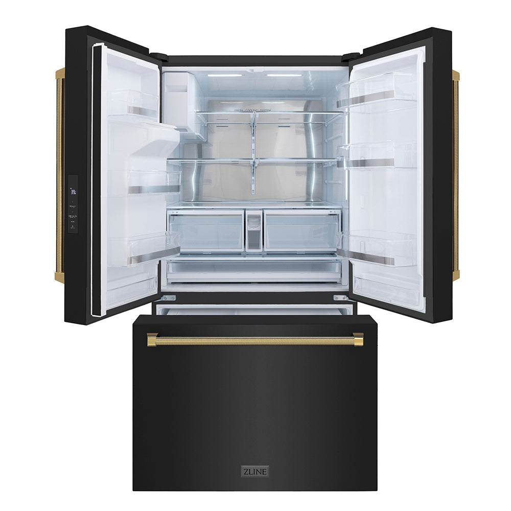 zline-36-in-french-door-refrigerator-28-9-cu-ft-standard-depth-external-water-dispenser-dual-ice-maker-fingerprint-resistant-black-stainless-steel-polished-gold-helix-handles-rsmz-w-36-bs-kg