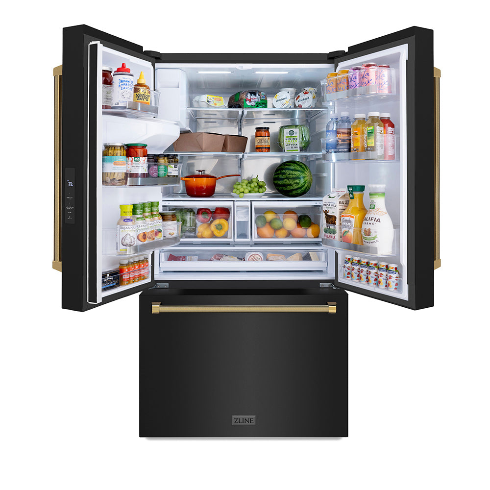 zline-36-in-french-door-refrigerator-28-9-cu-ft-standard-depth-external-water-dispenser-dual-ice-maker-fingerprint-resistant-black-stainless-steel-polished-gold-helix-handles-rsmz-w-36-bs-kg