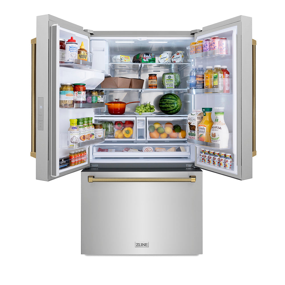 zline-36-in-french-door-refrigerator-28-9-cu-ft-standard-depth-external-water-dispenser-dual-ice-maker-fingerprint-resistant-stainless-steel-with-polished-gold-helix-handles-rsmz-w-36-kg