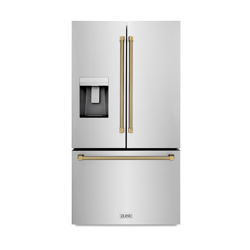 zline-36-in-french-door-refrigerator-28-9-cu-ft-standard-depth-external-water-dispenser-dual-ice-maker-fingerprint-resistant-stainless-steel-with-polished-gold-helix-handles-rsmz-w-36-kg