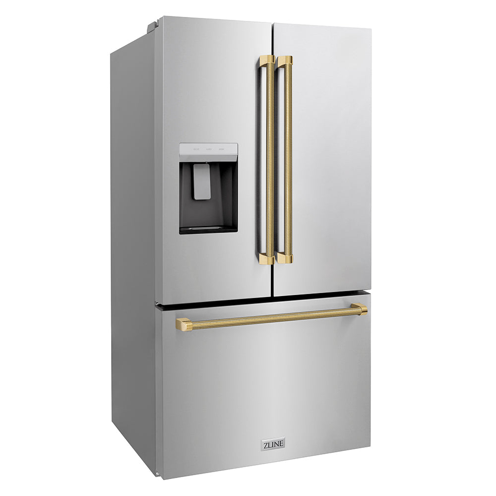 zline-36-in-french-door-refrigerator-28-9-cu-ft-standard-depth-external-water-dispenser-dual-ice-maker-fingerprint-resistant-stainless-steel-with-polished-gold-helix-handles-rsmz-w-36-kg