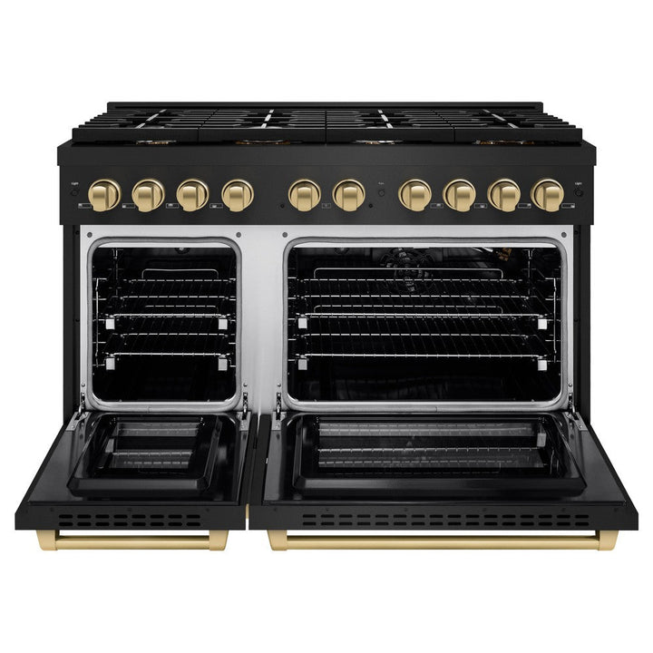 zline-autograph-edition-48-in-paramount-double-oven-dual-fuel-range-with-8-gas-burners-in-black-stainless-steel-with-champagne-bronze-accents-6-7-cu-ft-sdrbz-48-cb