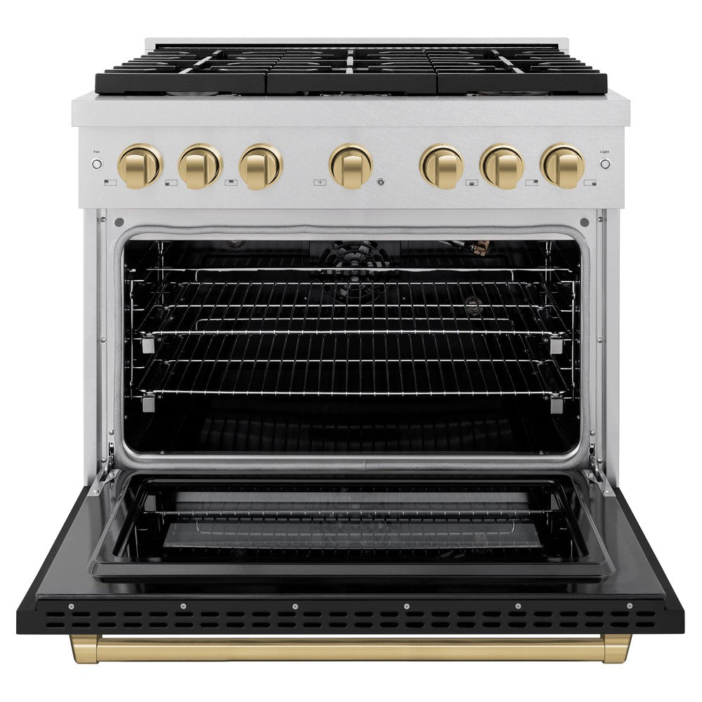 zline-autograph-edition-36-in-paramount-dual-fuel-range-with-6-gas-burners-5-2-cu-ft-electric-convection-oven-satin-stainless-steel-with-black-matte-door-and-champagne-bronze-accents-sdrsz-blm-36-cb