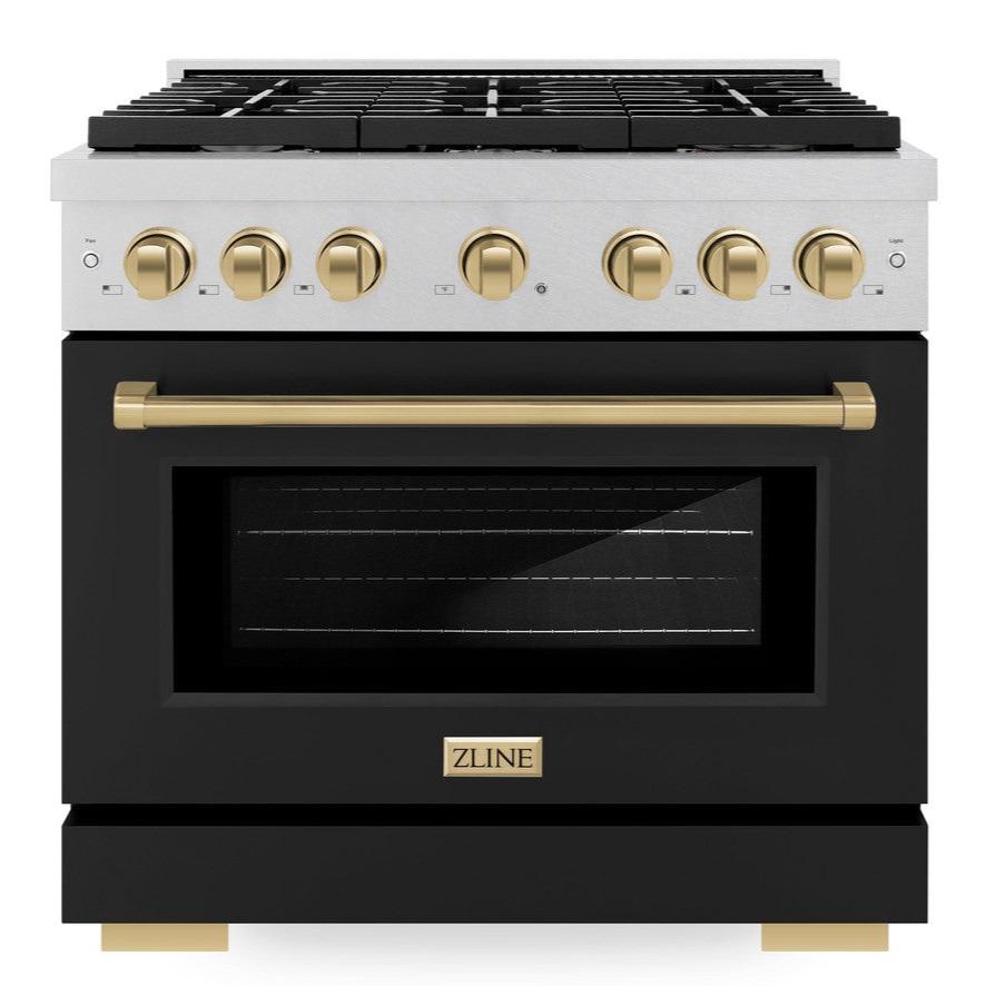 zline-autograph-edition-36-in-paramount-dual-fuel-range-with-6-gas-burners-5-2-cu-ft-electric-convection-oven-satin-stainless-steel-with-black-matte-door-and-champagne-bronze-accents-sdrsz-blm-36-cb