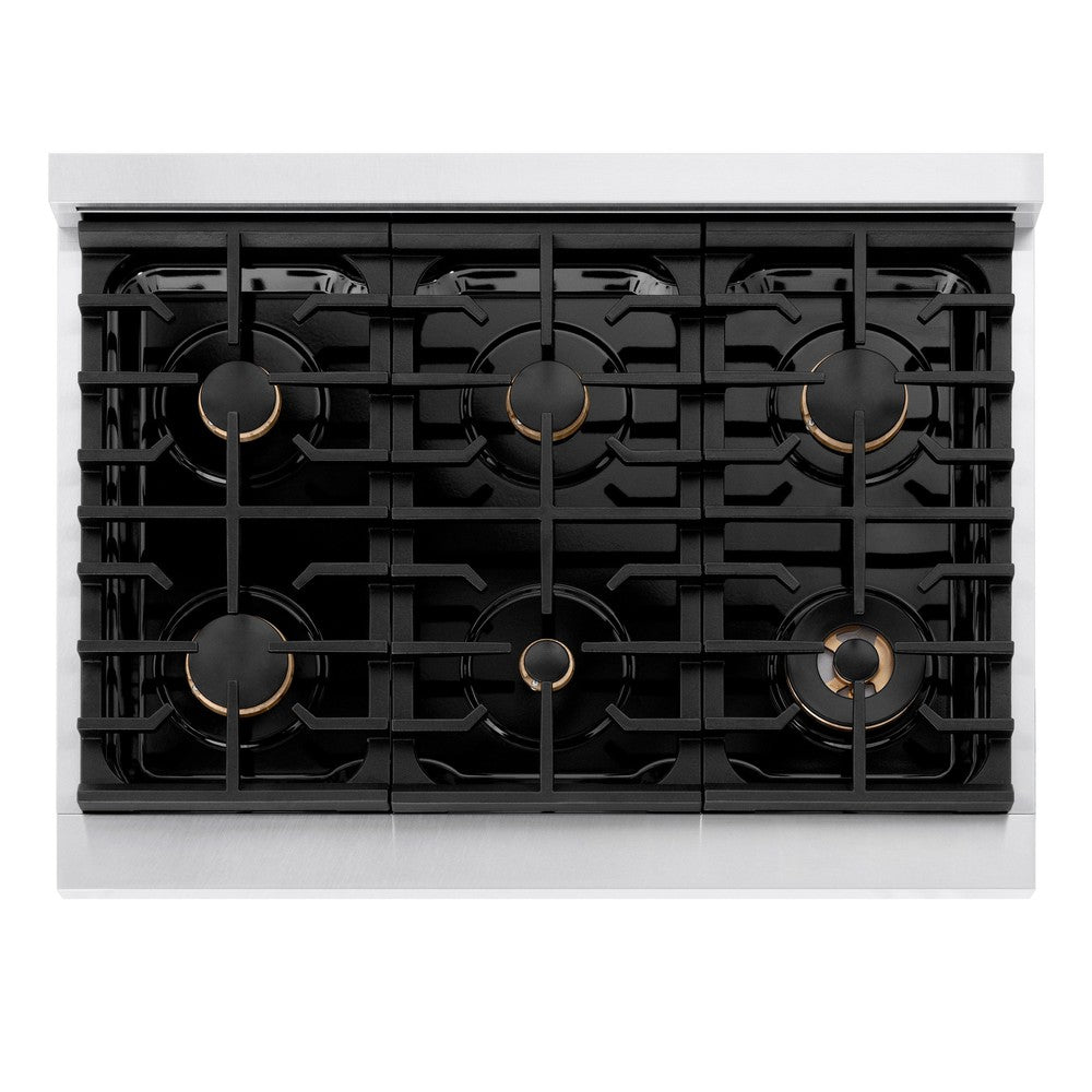 zline-autograph-edition-36-in-paramount-dual-fuel-range-with-6-gas-burners-5-2-cu-ft-electric-convection-oven-satin-stainless-steel-with-black-matte-door-and-champagne-bronze-accents-sdrsz-blm-36-cb