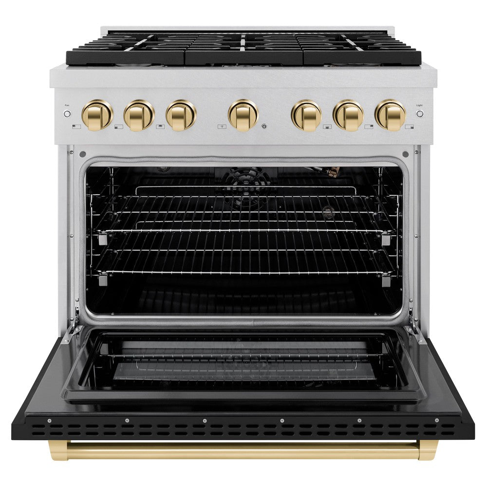 zline-autograph-edition-36-in-paramount-dual-fuel-range-5-2-cu-ft-6-burner-gas-cooktop-with-electric-convection-oven-satin-stainless-steel-with-black-matte-door-and-polished-gold-accents-sdrsz-blm-36-g