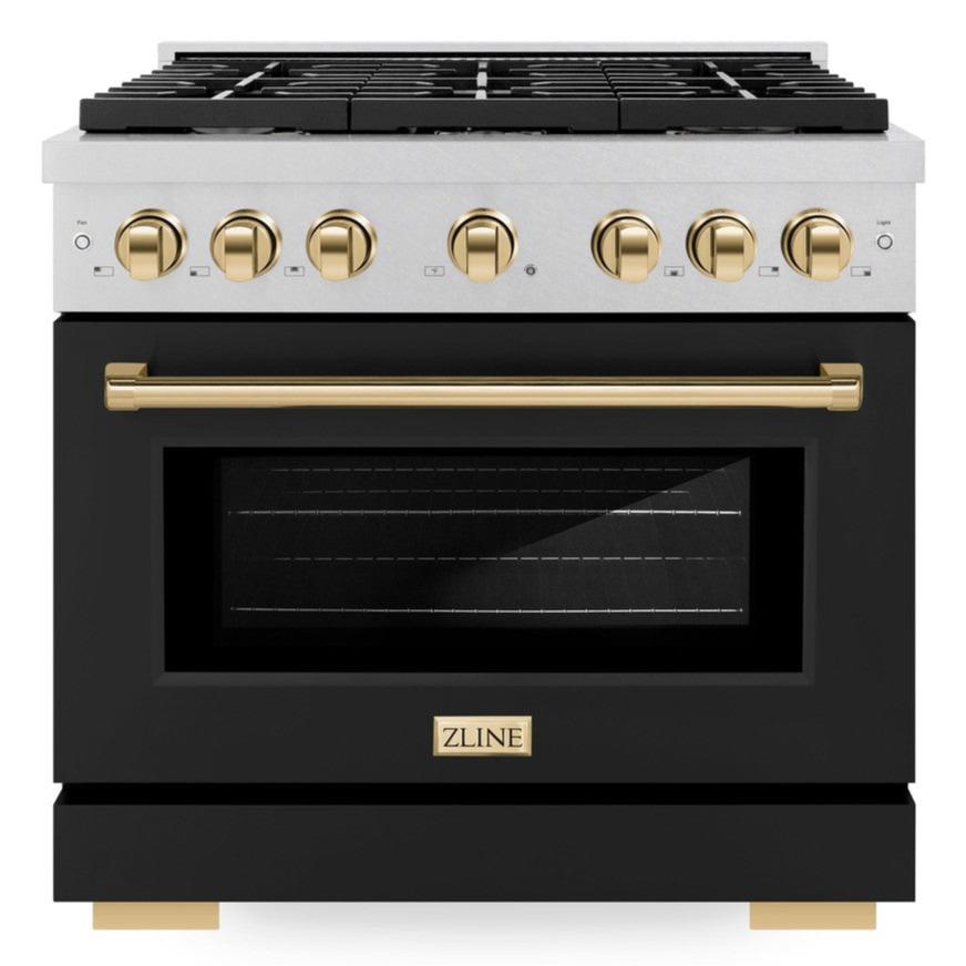 zline-autograph-edition-36-in-paramount-dual-fuel-range-5-2-cu-ft-6-burner-gas-cooktop-with-electric-convection-oven-satin-stainless-steel-with-black-matte-door-and-polished-gold-accents-sdrsz-blm-36-g
