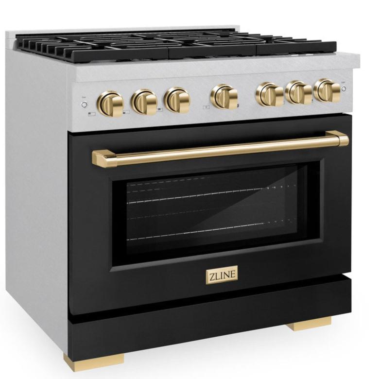 zline-autograph-edition-36-in-paramount-dual-fuel-range-5-2-cu-ft-6-burner-gas-cooktop-with-electric-convection-oven-satin-stainless-steel-with-black-matte-door-and-polished-gold-accents-sdrsz-blm-36-g