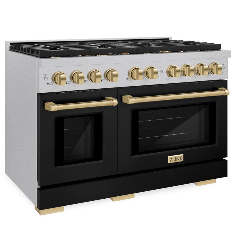 zline-autograph-edition-48-in-6-7-cu-ft-paramount-double-oven-dual-fuel-range-with-8-gas-burners-in-satin-stainless-steel-with-black-matte-doors-and-champagne-bronze-accents-sdrsz-blm-48-cb