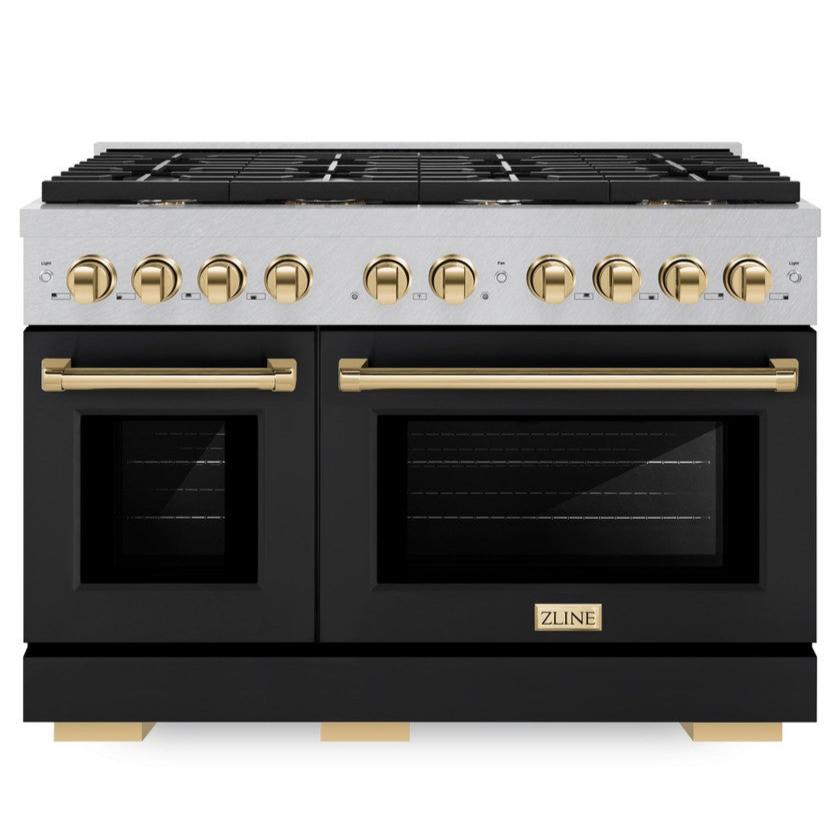 zline-autograph-edition-48-in-paramount-double-oven-dual-fuel-range-6-7-cu-ft-8-burner-gas-cooktop-satin-stainless-steel-with-black-matte-doors-and-polished-gold-accents-sdrsz-blm-48-g