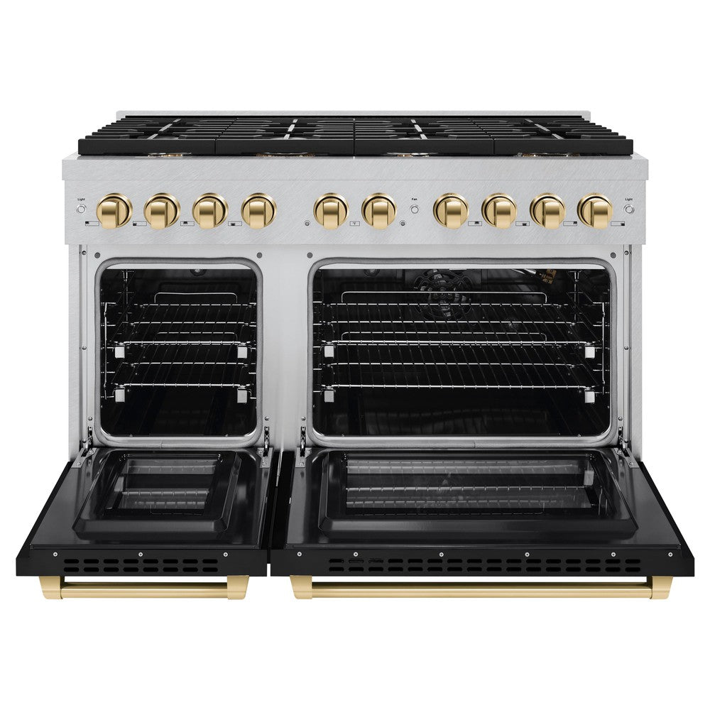 zline-autograph-edition-48-in-paramount-double-oven-dual-fuel-range-6-7-cu-ft-8-burner-gas-cooktop-satin-stainless-steel-with-black-matte-doors-and-polished-gold-accents-sdrsz-blm-48-g