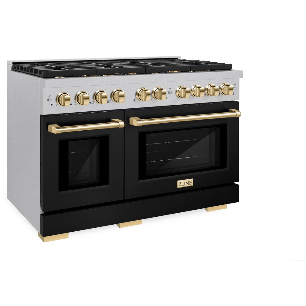 zline-autograph-edition-48-in-paramount-double-oven-dual-fuel-range-6-7-cu-ft-8-burner-gas-cooktop-satin-stainless-steel-with-black-matte-doors-and-polished-gold-accents-sdrsz-blm-48-g