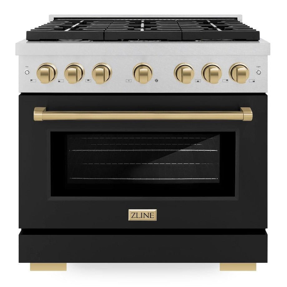 zline-autograph-edition-36-in-5-2-cu-ft-gas-range-with-6-burners-and-convection-oven-in-satin-stainless-steel-with-black-matte-door-and-champagne-bronze-accents-sgrsz-blm-36-cb