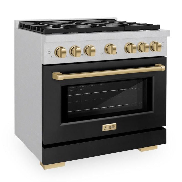 zline-autograph-edition-36-in-5-2-cu-ft-gas-range-with-6-burners-and-convection-oven-in-satin-stainless-steel-with-black-matte-door-and-champagne-bronze-accents-sgrsz-blm-36-cb