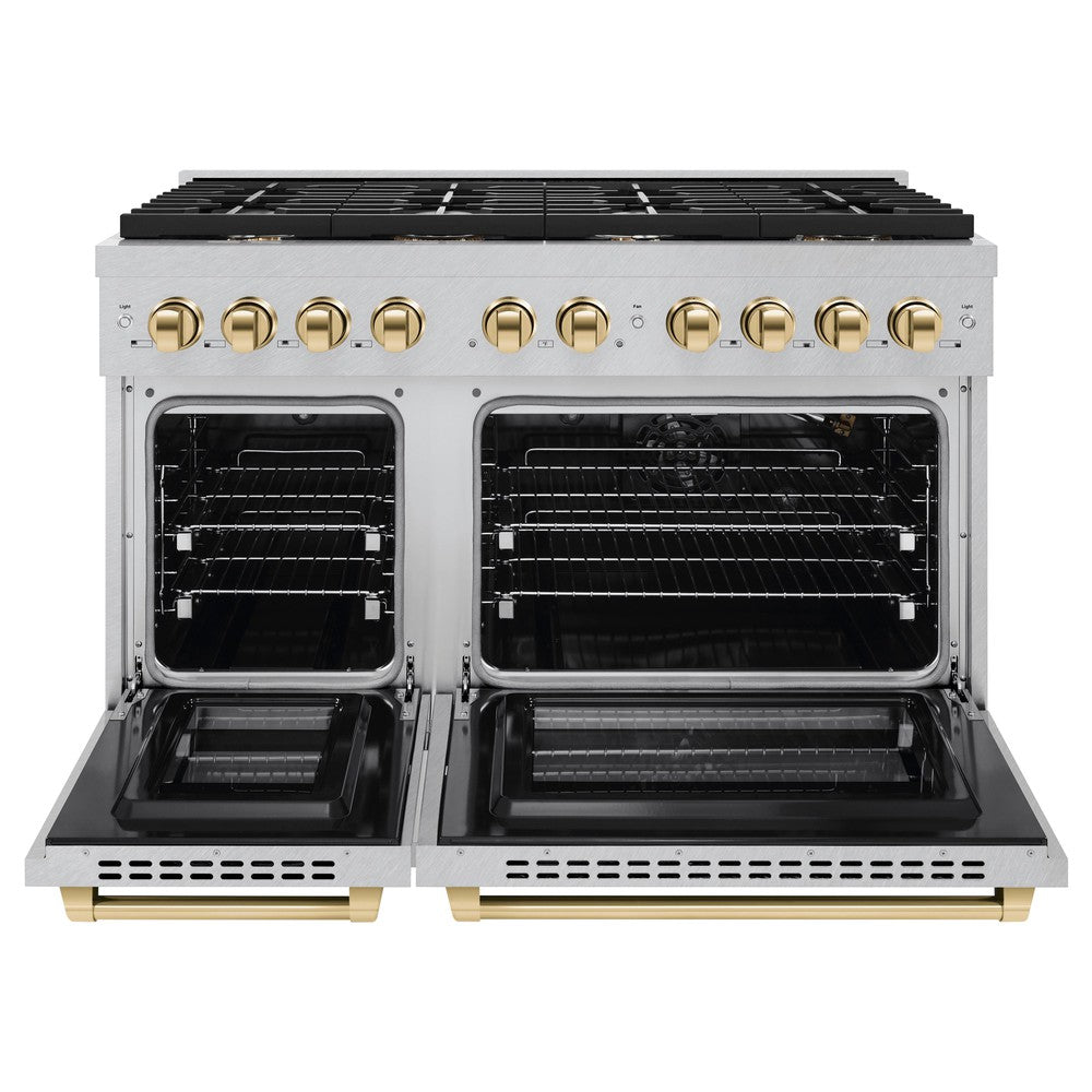 zline-autograph-48-in-paramount-double-oven-dual-fuel-range-6-7-cu-ft-8-burner-gas-cooktop-electric-convection-ovens-satin-stainless-steel-with-polished-gold-accents-sdrsz-48-g