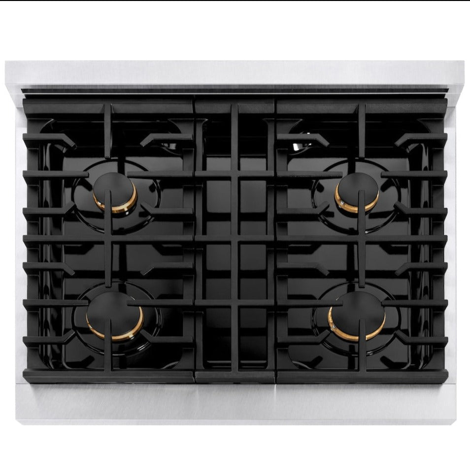 zline-autograph-edition-30-in-4-2-cu-ft-paramount-gas-range-with-4-burners-and-convection-gas-oven-in-satin-stainless-steel-with-polished-gold-accents-sgrsz-30-g