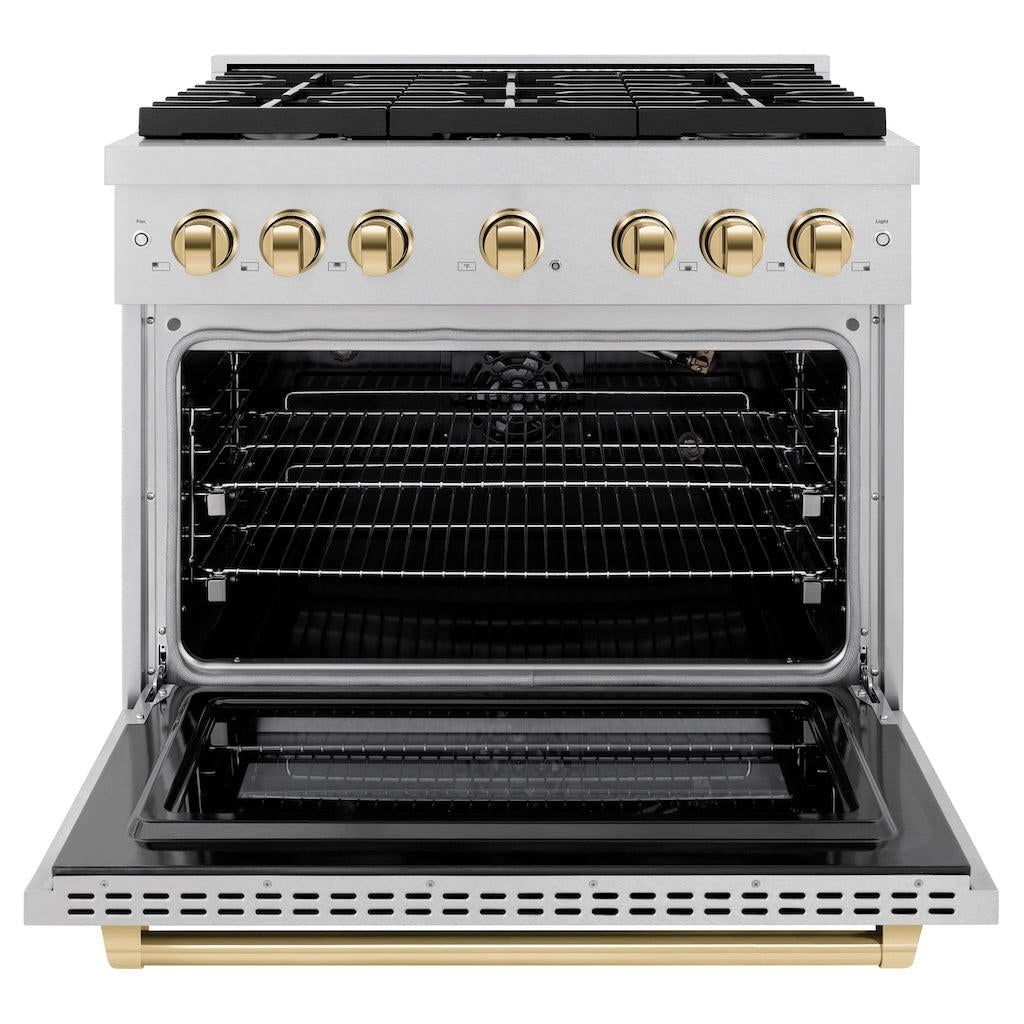 zline-autograph-edition-36-in-5-2-cu-ft-paramount-gas-range-with-6-burners-and-convection-oven-in-satin-stainless-steel-with-polished-gold-accents-sgrsz-36-g