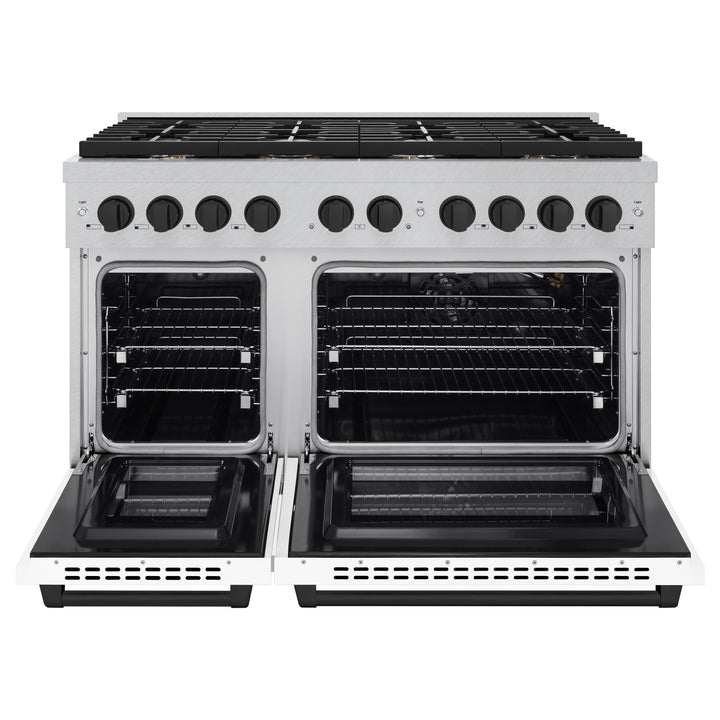 zline-autograph-edition-48-in-paramount-double-oven-gas-range-8-burner-cooktop-6-7-cu-ft-satin-stainless-steel-with-white-matte-doors-and-matte-black-accents-sgrsz-wm-48-mb