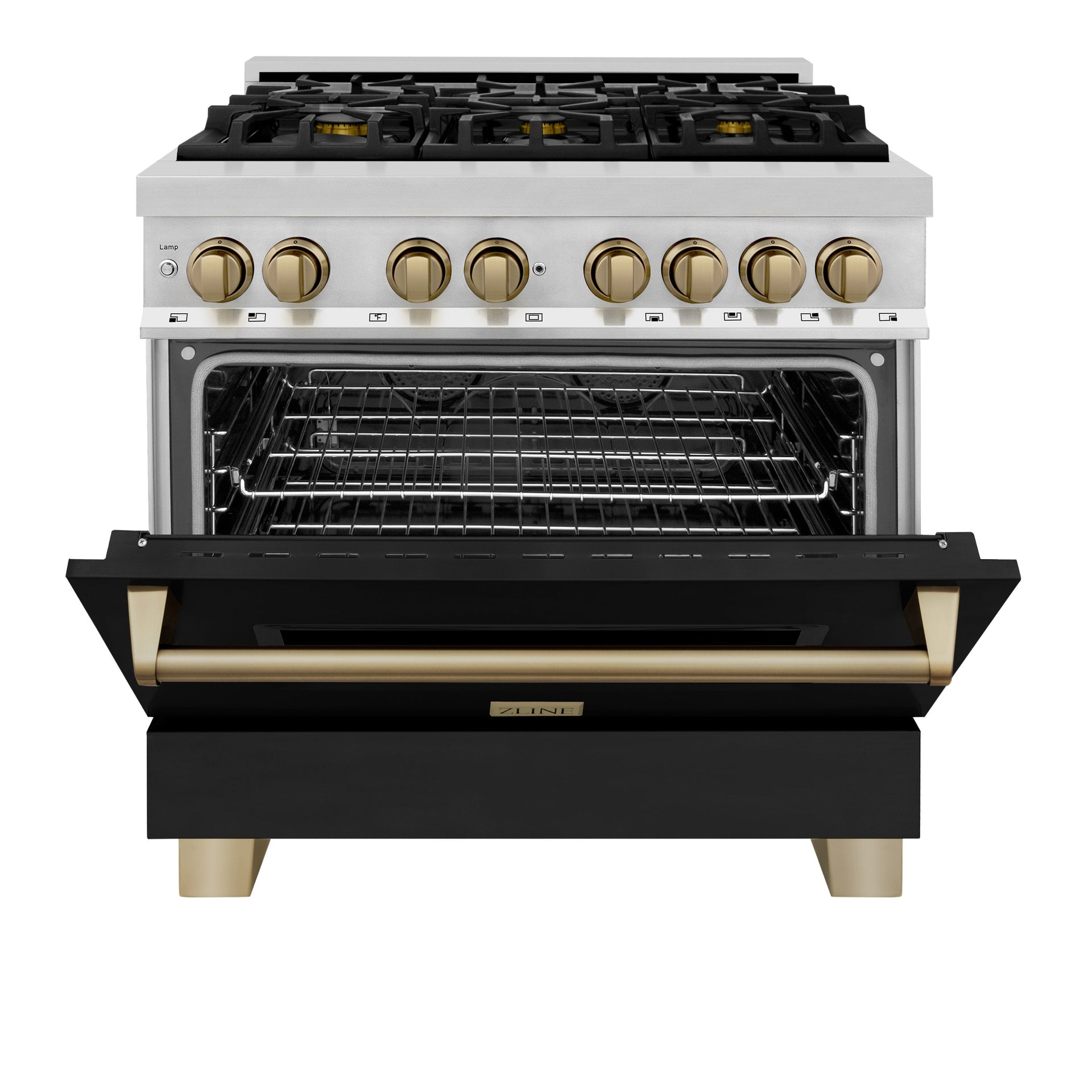 zline-autograph-edition-36-in-4-6-cu-ft-dual-fuel-range-with-gas-cooktop-and-electric-oven-black-matte-door-with-champagne-bronze-accents-raz-blm-36-cb