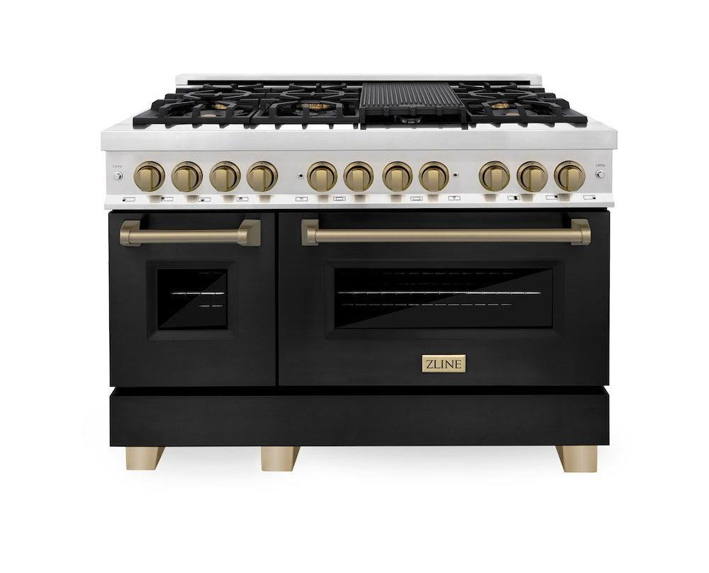 zline-autograph-edition-48-in-dual-fuel-range-6-0-cu-ft-with-black-matte-door-and-champagne-bronze-accents-raz-blm-48-cb