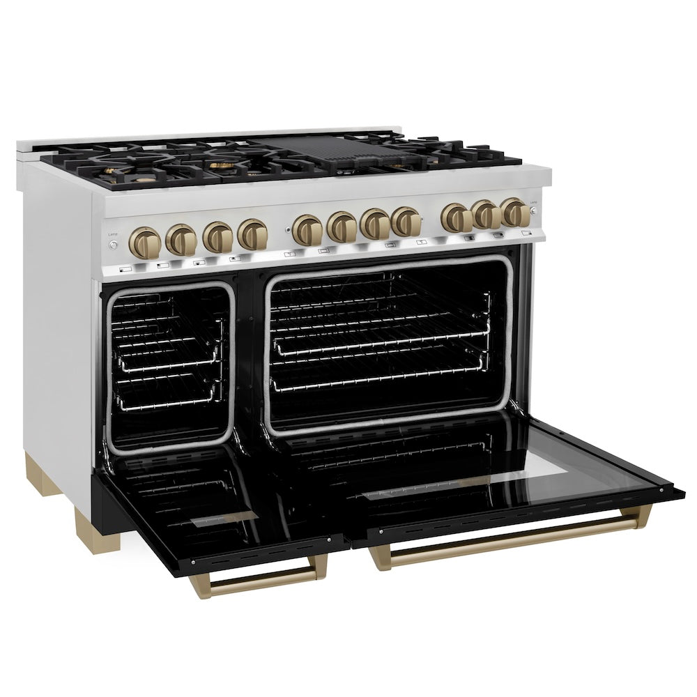 zline-autograph-edition-48-in-dual-fuel-range-6-0-cu-ft-with-black-matte-door-and-champagne-bronze-accents-raz-blm-48-cb
